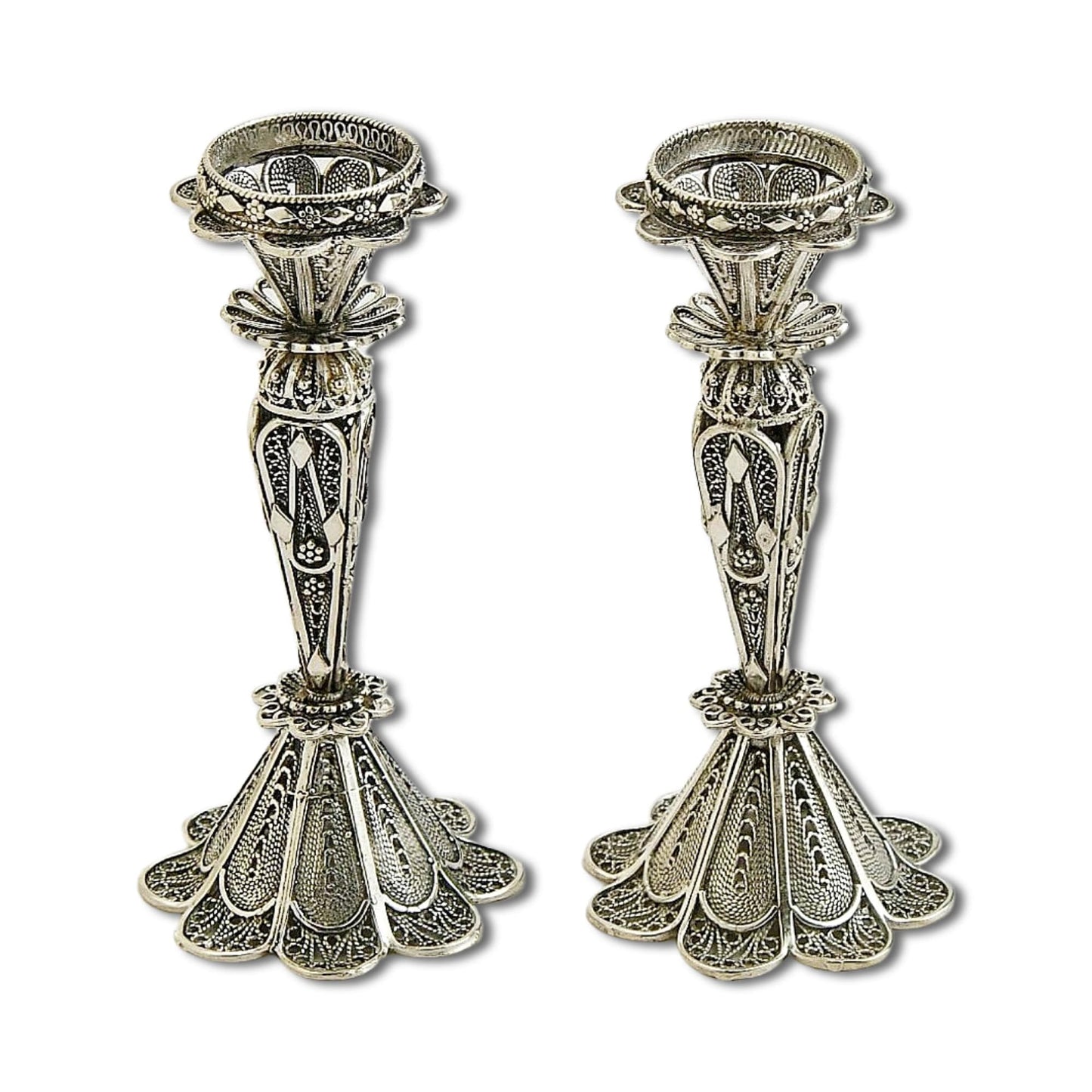 Mini Sterling Silver Shabbat Candle Holders Yemenite Filigree art Pamot