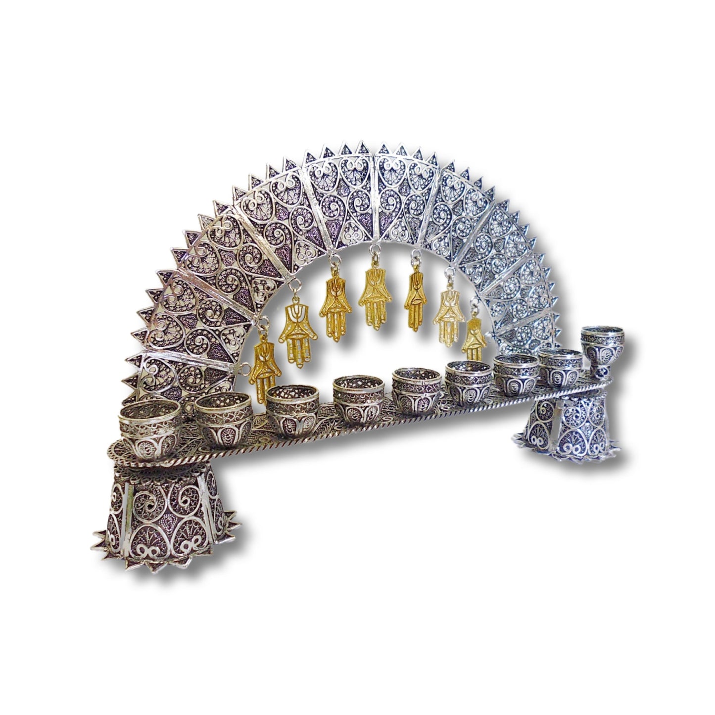 Silver Menorah with Gold Hamsa