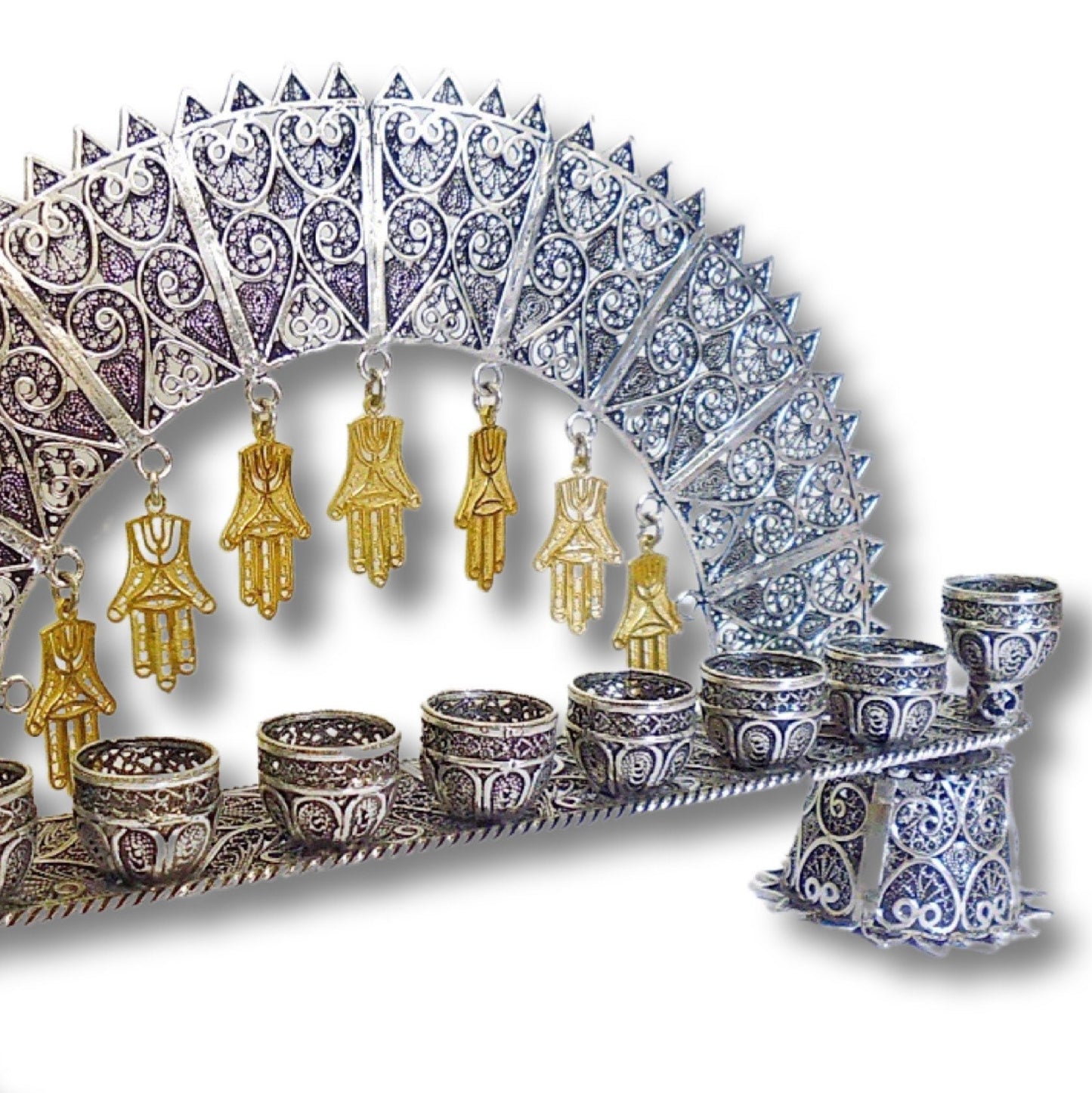 Silver Menorah with Gold Hamsa