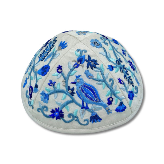 Blue & White Bird Embroidered Kippah