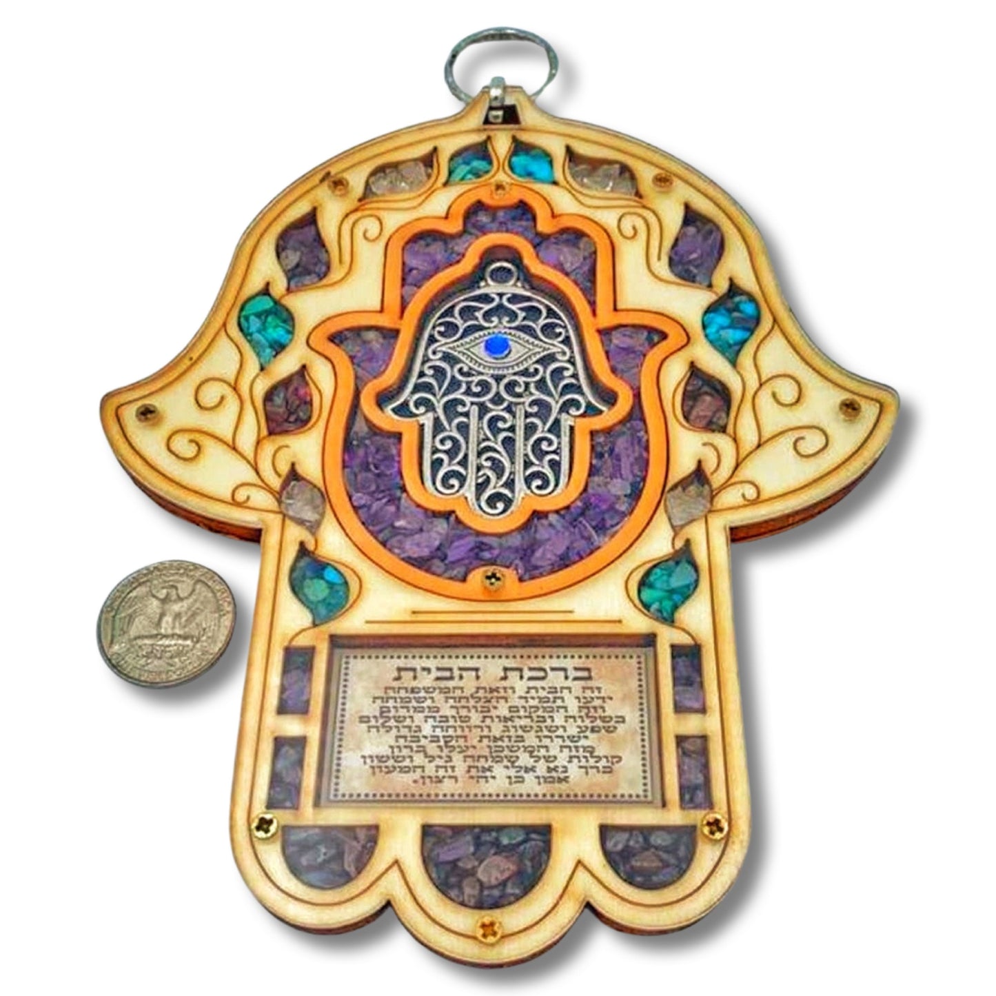 Wood Triple Hamsa Home Blessing with gemstones
