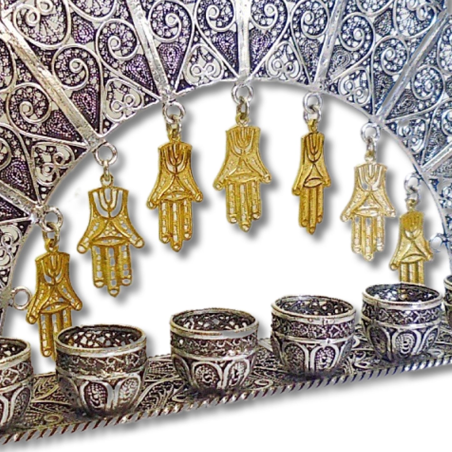 Silver Menorah with Gold Hamsa