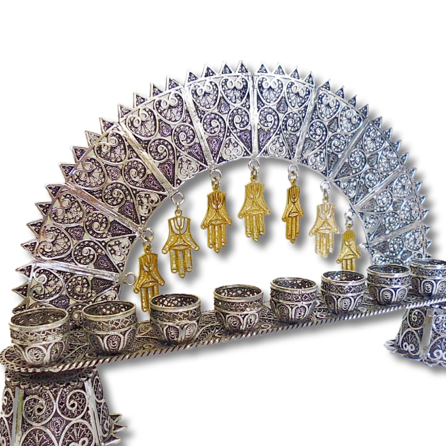 Silver Menorah with Gold Hamsa