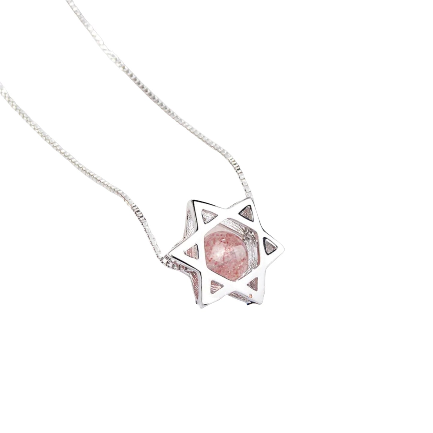 Sterling Silver Star Of David Necklace With Pink/White Quartz
