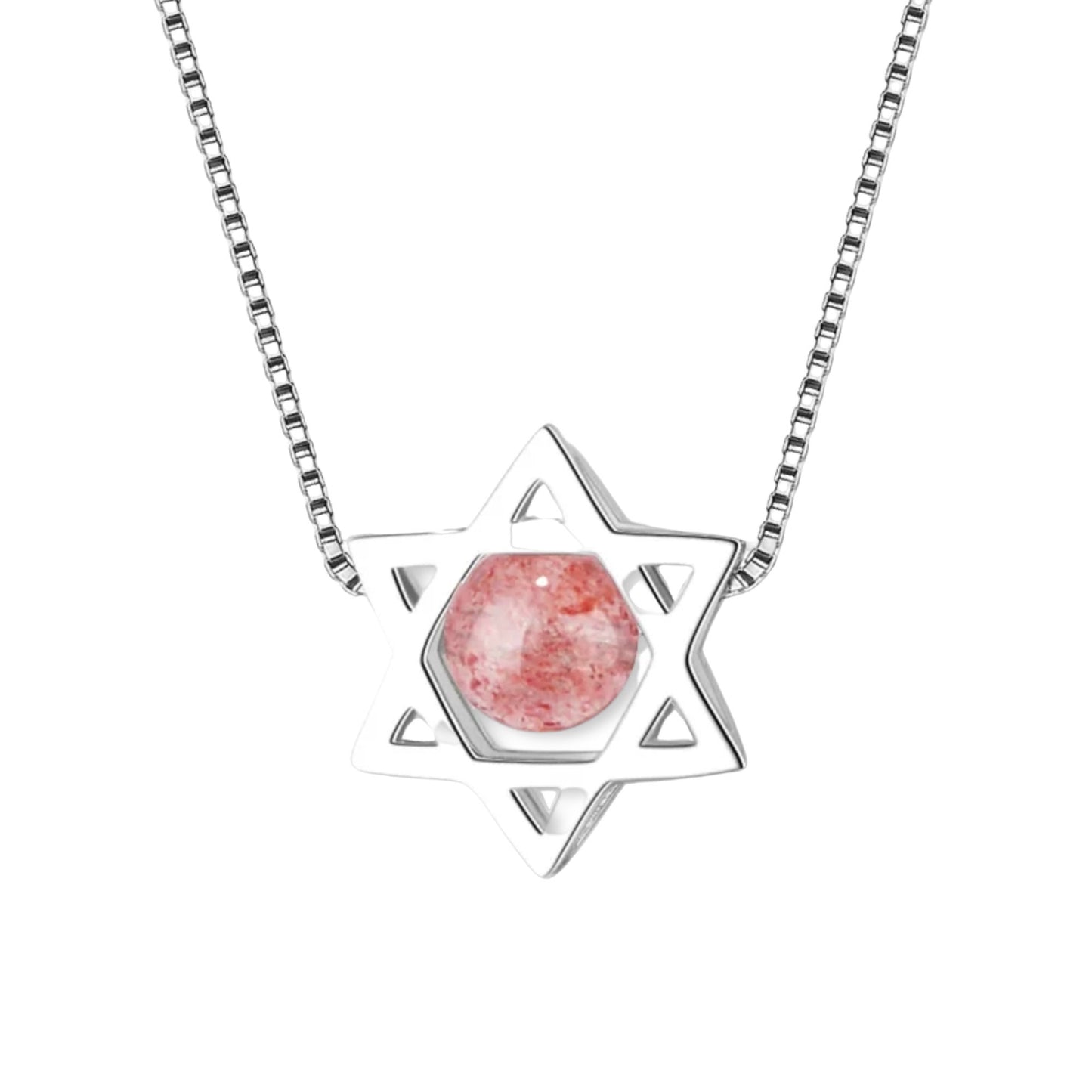 Sterling Silver Star Of David Necklace With Pink/White Quartz